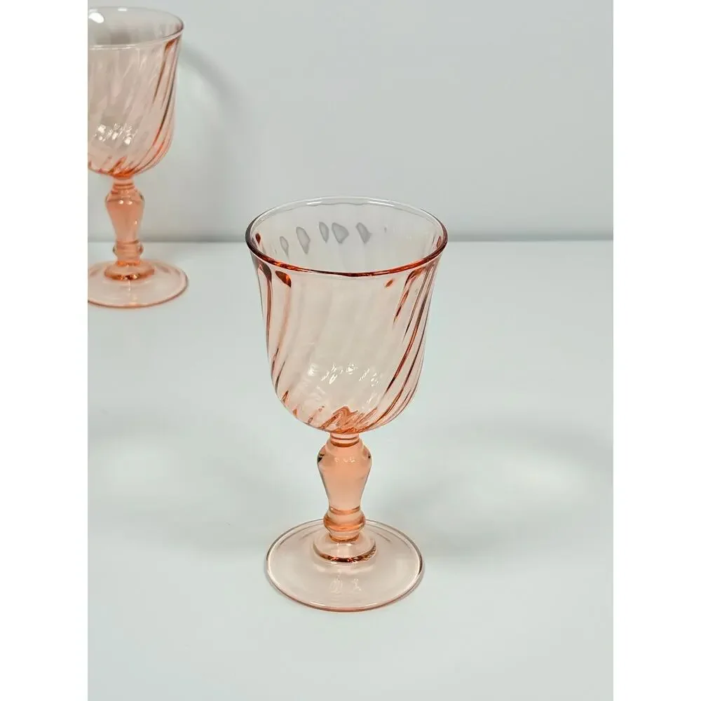 Vintage Arcoroc France Rosaline Pink Swirl Optic Stemware Goblets ~ Pair